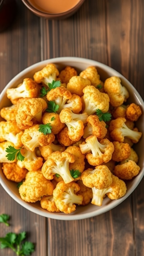 Crispy air fryer cauliflower florets garnished with parsley in a bowl on a wooden table.